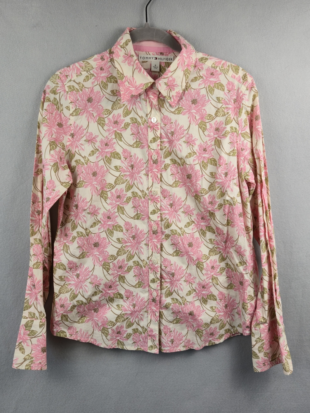 Vintage Tommy Hilfiger Pink Floral Cotton Button Up Blouse Size 6